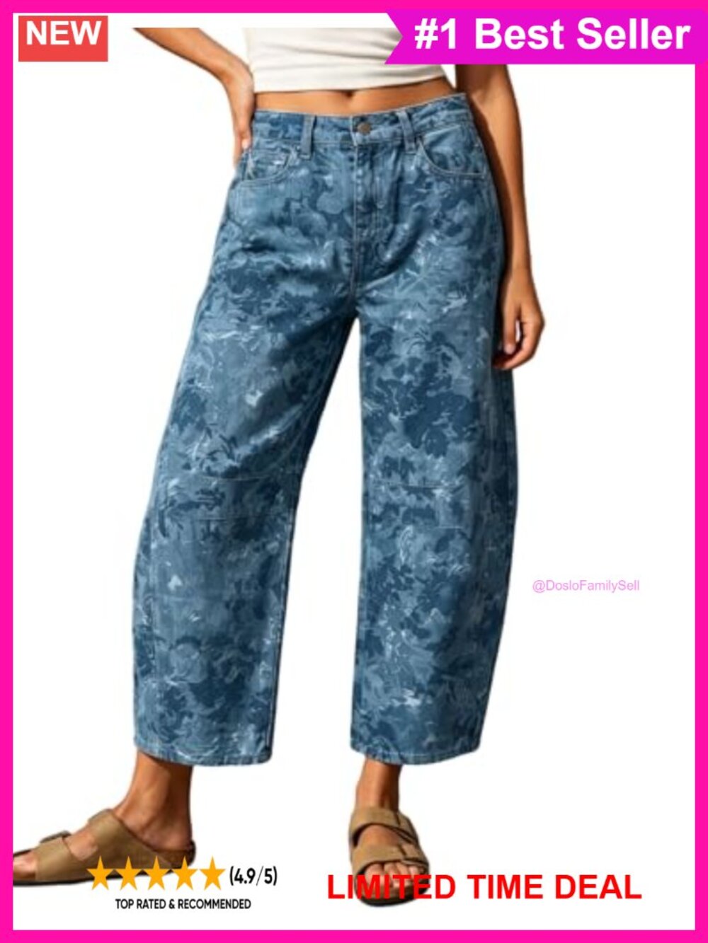 Barrel Jeans Mid Rise Wide Leg Patchwork Cotton Blend Printed